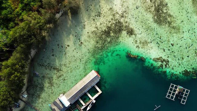Top-down aerial view of a tropical coastal shark breeding and floating docks nestled in crystal-clear turquoise ocean water with coral reefs in Karimunjawa Island, Indonesia