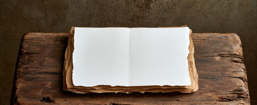 Ripped sketchbook page secured with adhesive tape on rustic desk, blank template for writing, message area. Organic setting with vintage texture, craft backdrop, ample copy space.
