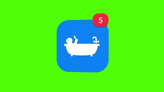 A 3D person lying in a bathtub playing using a mobile smartphone digital dependency notification icon popping up and rotating on a green screen chroma key background with a red number counter animatio