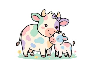 Obraz premium Cute cartoon cow and calf family illustration