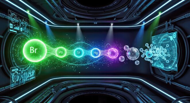Abstract Digital Artwork of Chemical Elements in a Neon Lit Chamber