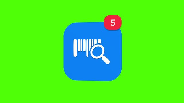 A 3D product barcode label with a magnifying glass search scan price check verification notification icon popping up and rotating on a green screen chroma key background with a red number counter anim