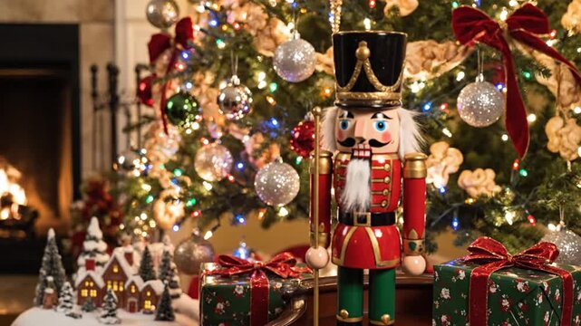 Traditional Nutcracker Soldier Figurine Standing Near Christmas Tree