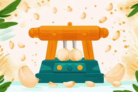 A whimsical illustration of a green and orange nutcracker with scattered nuts