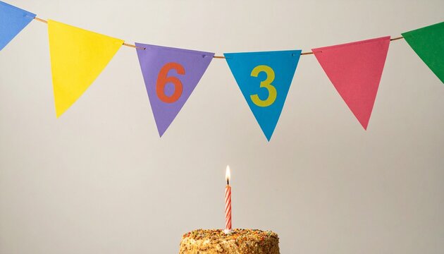 Festive Flag Garland and Cake with Number 63 for Birthday and Anniversary Party