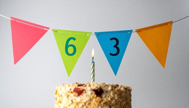 Festive Flag Garland and Cake with Number 63 for Birthday and Anniversary Party