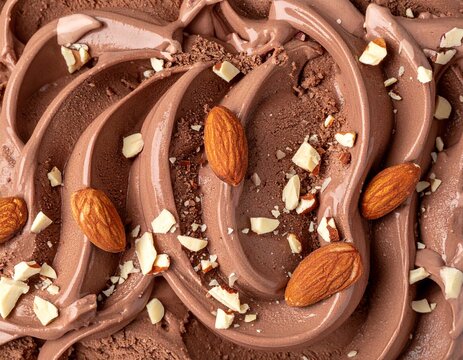 Extreme macro of chocolate almond ice cream texture with chopped nuts and velvety swirls