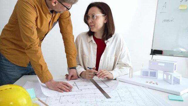 Engineering team collaborating on architectural blueprints, reviewing construction plans, and discussing building design concepts with tools and safety hard hat on table