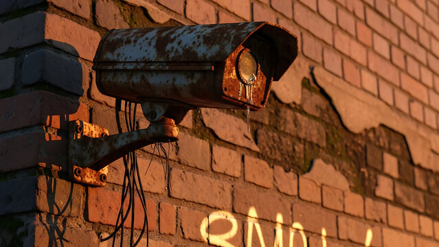 Weathered outdoor surveillance camera mounted on a gritty decaying brick wall displaying significant corrosion oxidation and aging process from environmental exposure and neglect.