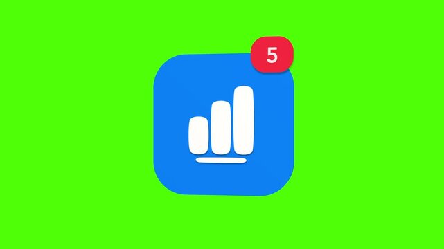 A 3D business bar chart graph infomation data growth finance analytics statistics notification icon popping up and rotating on a green screen chroma key background with a red number counter animation.