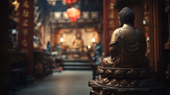 Serene Buddha statue inside a traditional Asian temple illuminated by soft ambient lighting