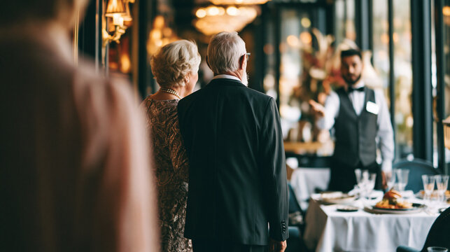 Elegant senior couple arriving at a luxury fine dining restaurant, male host or waiter showing them to a reserved table for a romantic dinner