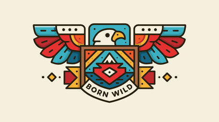 Fototapeta premium Colorful emblem featuring a wild eagle and tribal elements.