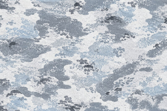 Seamless arctic winter camouflage pattern background. Blue, grey, and white snow camo vector illustration for alpine gear, military texture, and cold weather apparel print.
