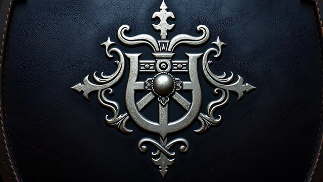 Stylized heraldic portcullis design engraved on a medieval shield, metallic sheen.