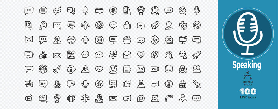 Speaking line icons set including microphone speech bubble talk chat communication dialogue podcast audio recording feedback discussion interview announcement broadcast voice message social media.