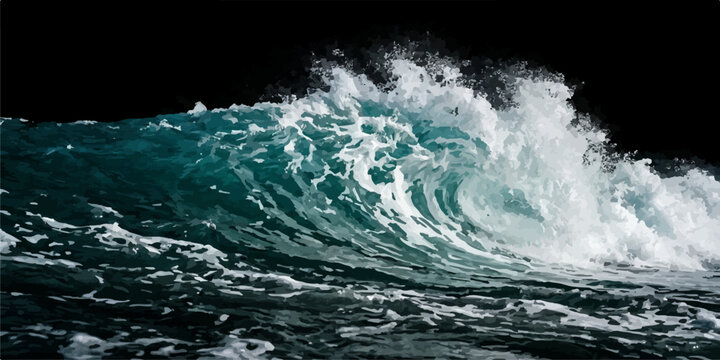 Turquoise ocean wave cresting against a pitch black background with crashing splashing turquoise background isolated turbulence seascape adventure majestic surfboard environment