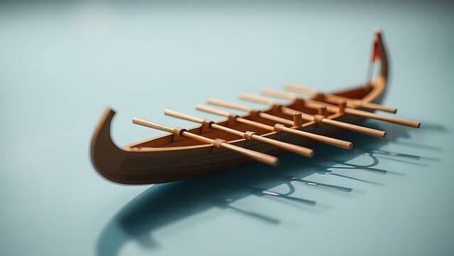 Miniature ancient trireme galley with parallel oars on a calm sea.