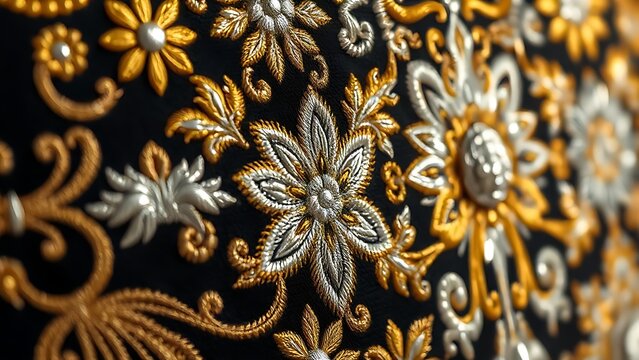 Intricate floral and geometric embroidery on charro jacket, gold and silver thread detail.