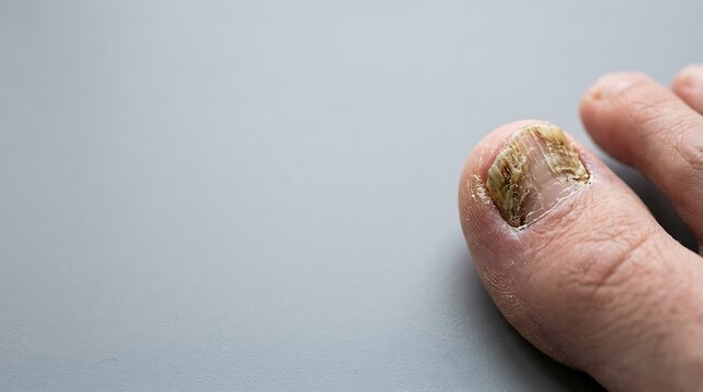 Close up of big toe with fungal nail infection and copy space