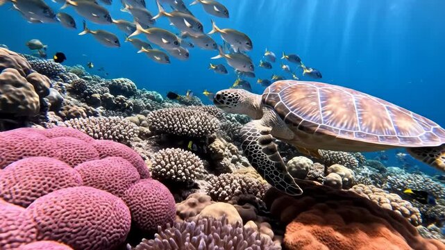 Underwater coral reef scene with a green sea turtle, clownfish in an anemone, and schools of yellow tang and blue surgeonfish swimming in clear tropical ocean water with sun rays.