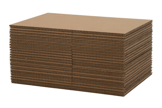 A thick stack of brown corrugated cardboard sheets displaying the layered fluted texture and paper edges isolated on a black background