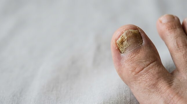 Big toe with thick yellow fungal nail infection on white background