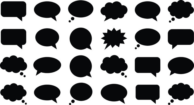 Collection of diverse speech bubbles in various shapes and sizes on a white background symbolizing communication concepts
