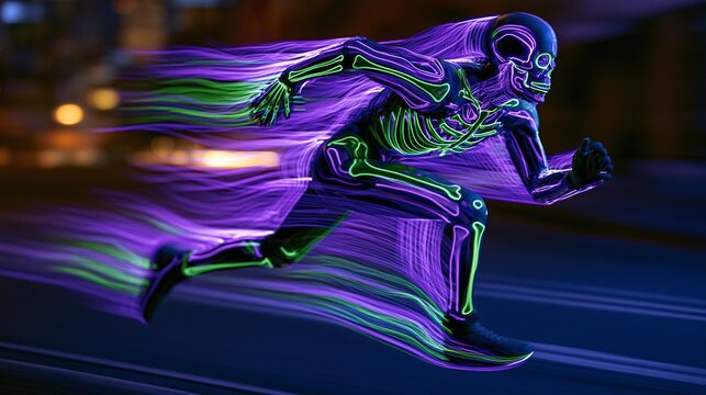Dynamic action shot of person in futuristic neon skeleton outfit running through dark city street, twilight enhances seasonal mood