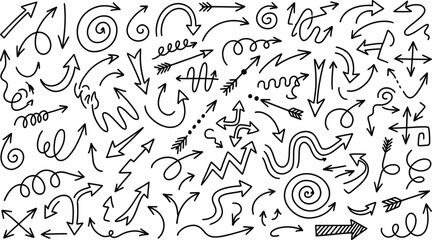 Fototapeta premium Hand drawn arrow set in doodle style, black ink sketch pointer collection, decorative curved and spiral arrows for infographics and presentations