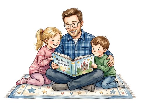 Father reading storybook to children