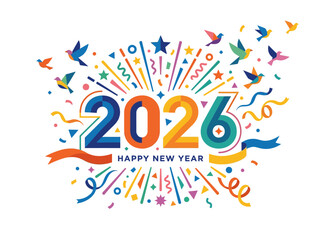 Fototapeta premium Colorful 2026 happy new year celebration graphic with confetti and birds on a white background
