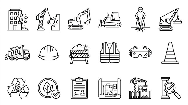 Demolition and Construction Line Icon Set with Heavy Machinery Site Safety Environmental Compliance and Permit Symbols