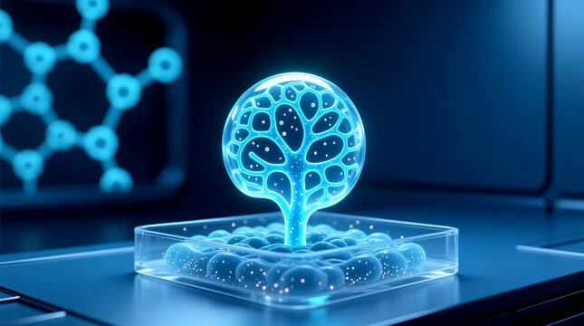 Biotech Breakthrough of organoid tissue on hydrogel matrix for three-dimensional bioprinting of future organ regeneration in laboratory, close-up 3D render view