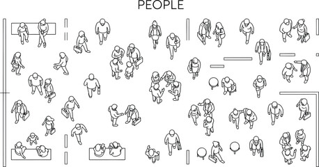 Obraz premium Architectural top view people sketches, minimalist line art crowd for floor plans, black and white vector silhouettes of walking and sitting figures