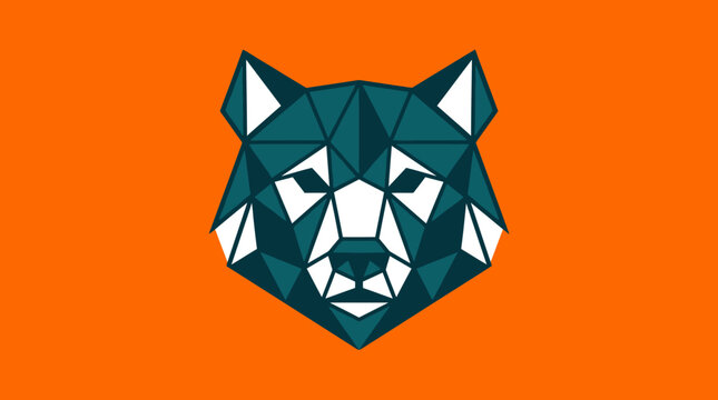 Geometric wolf head with sharp edges and contrasting colors on orange background