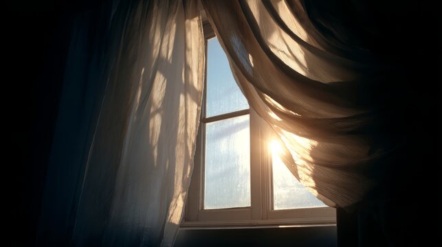 Sunlight streaming through an open window as a gentle breeze moves soft flowing curtains, creating a warm serene home interior with golden morning light and an airy peaceful atmosphere