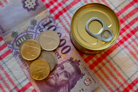 Close-up of canned liver p&acirc;t&eacute; next to Hungarian forint money, representing cost of living crisis, cheap food and financial pressure.