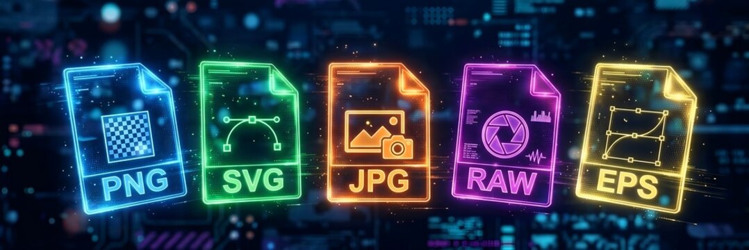 Neon file format icons for png, svg, jpg, raw, and eps on a dark background with blue lights.