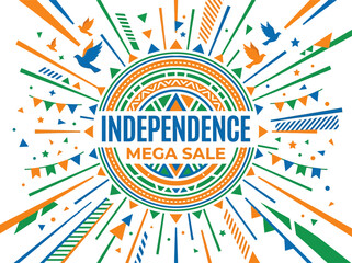 Fototapeta premium Vibrant independence mega sale graphic with colorful flags and patterns isolated on white background