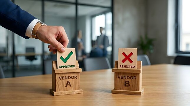 Businessman placing an approved checkmark on a Vendor A stand, symbolizing successful B2B selection and corporate agreement.