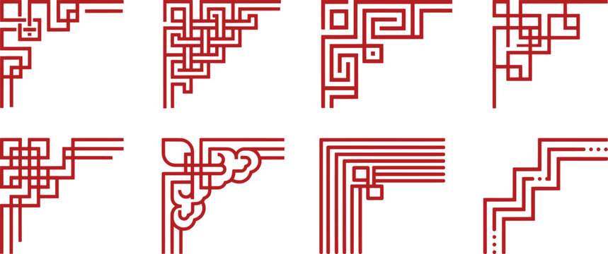 Traditional Chinese corner borders set, red oriental frame elements for lunar new year, 8 decorative asian knot ornaments in EPS vector format