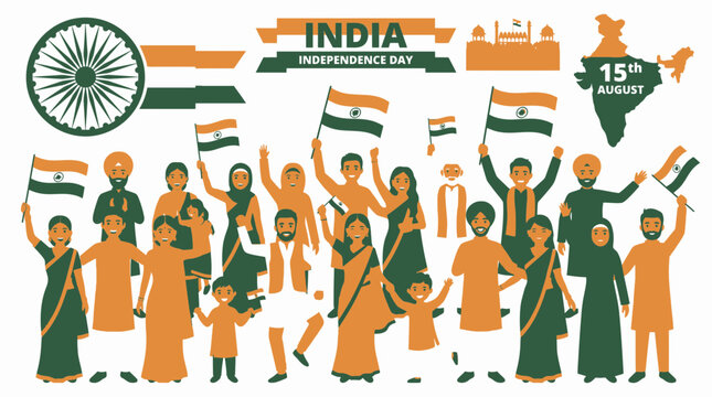 Diverse People Celebrating India Independence Day with Flags