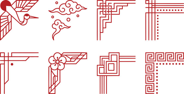 Traditional Chinese corner borders set, red oriental frame elements with crane and clouds, 8 decorative asian line art ornaments in EPS format
