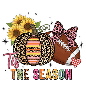 Colorful illustration of a leopard print pumpkin, sunflowers, and football with tis the season text on white background
