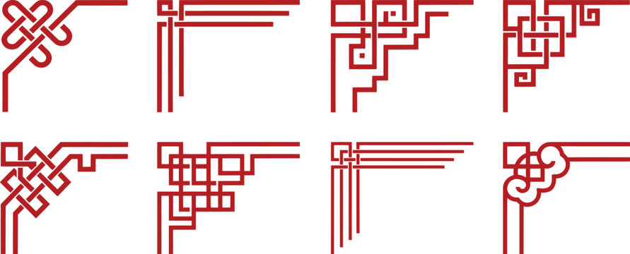 Traditional Chinese corner borders set of 8 red vector elements, oriental geometric frame ornaments, asian decorative knot and cloud line art