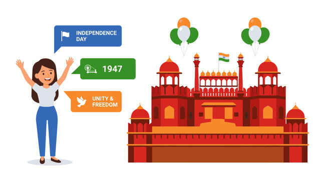 India Independence Day Celebration with Red Fort and Balloons