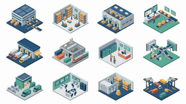 Isometric illustrations of various industrial and commercial buildings, including warehouses, factories, and offices.