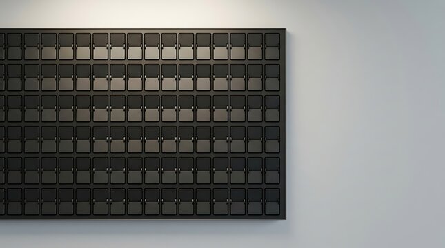 Blank black mechanical split flap board on a minimalist wall