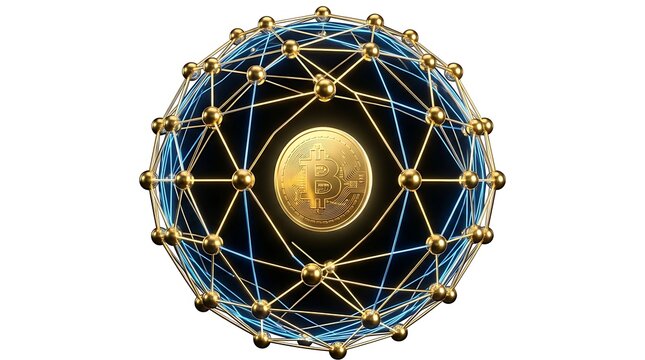 Golden cryptocurrency coin within a global digital network sphere
